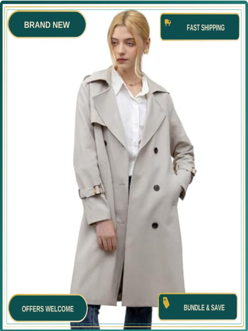 Women's Trench Coat Knee Length Double Breasted Belted Overcoat